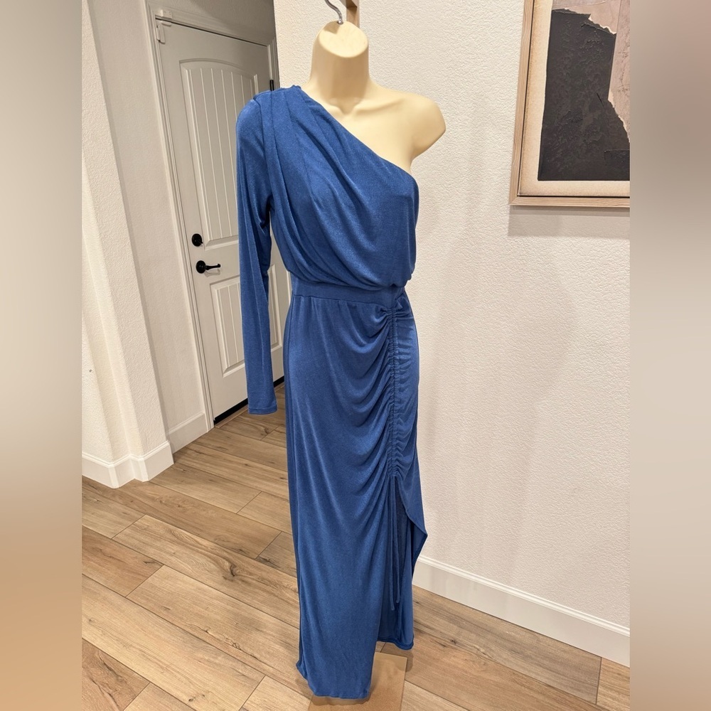 Showpo Elieza One-Shoulder Blue stretchy high slit ruched midi Dress size 6